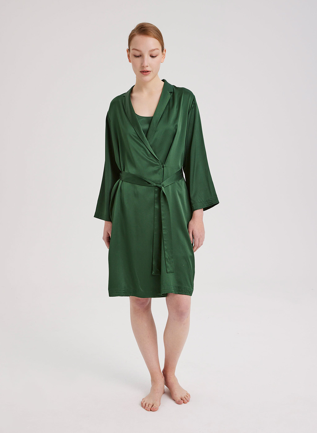 Nap Loungewear Short Silk Robe And Slip Set In Basil | ModeSens