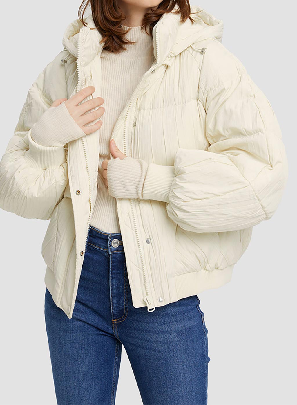 Zip-Button Hooded Crop Puffer Jacket