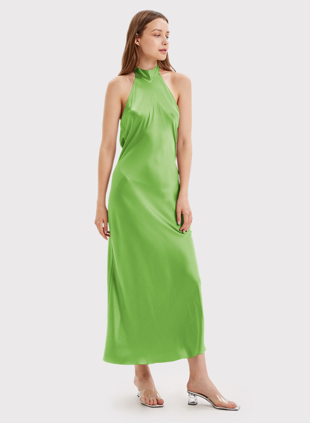 Nap Loungewear French Bow Halterneck Silk Long  Dress In Earls Green